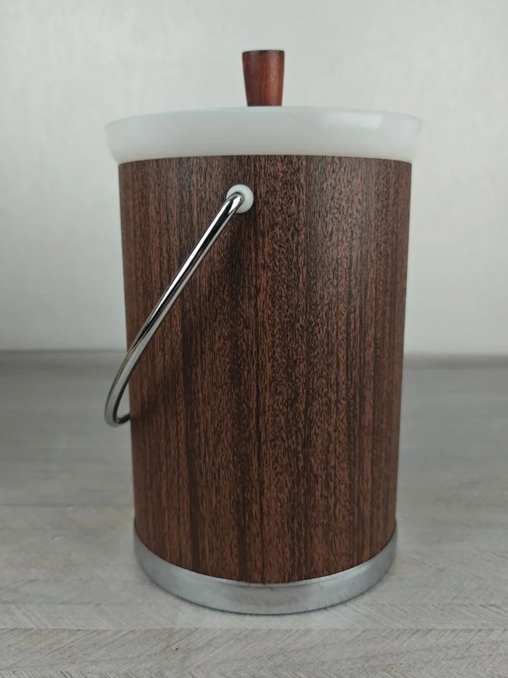 Vintage Kromex Chrome & Woodgrain Ice Bucket With Lid & Tongs Mid-Century Modern